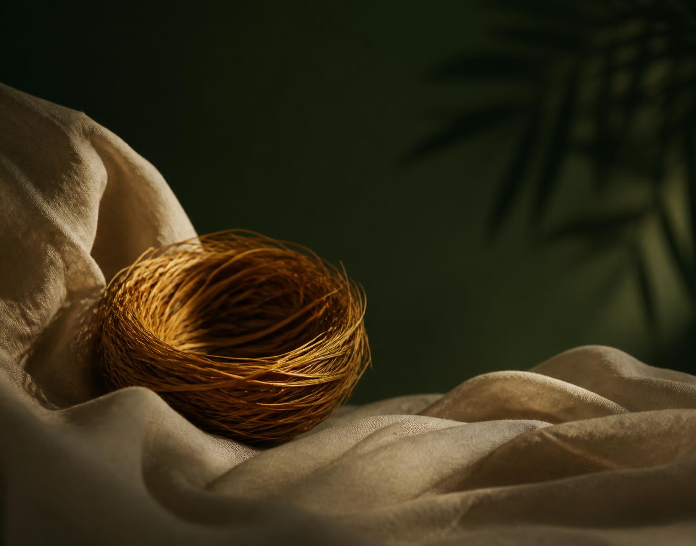 A woven golden nest resting on cream linen